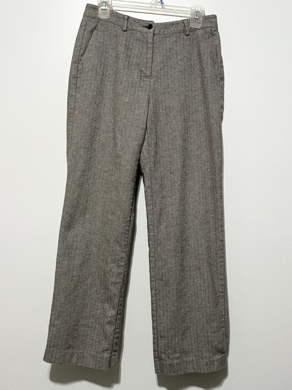 LL Bean Womens Wide Leg Cotton Chino Pants 8R Gray Herringbone Office Business